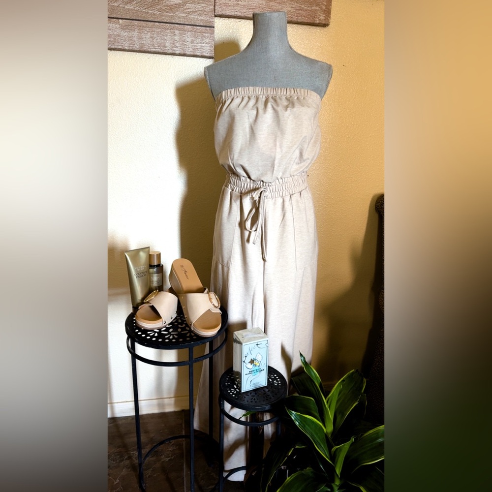 Chic Beige Strapless Jumpsuit with Waist Tie